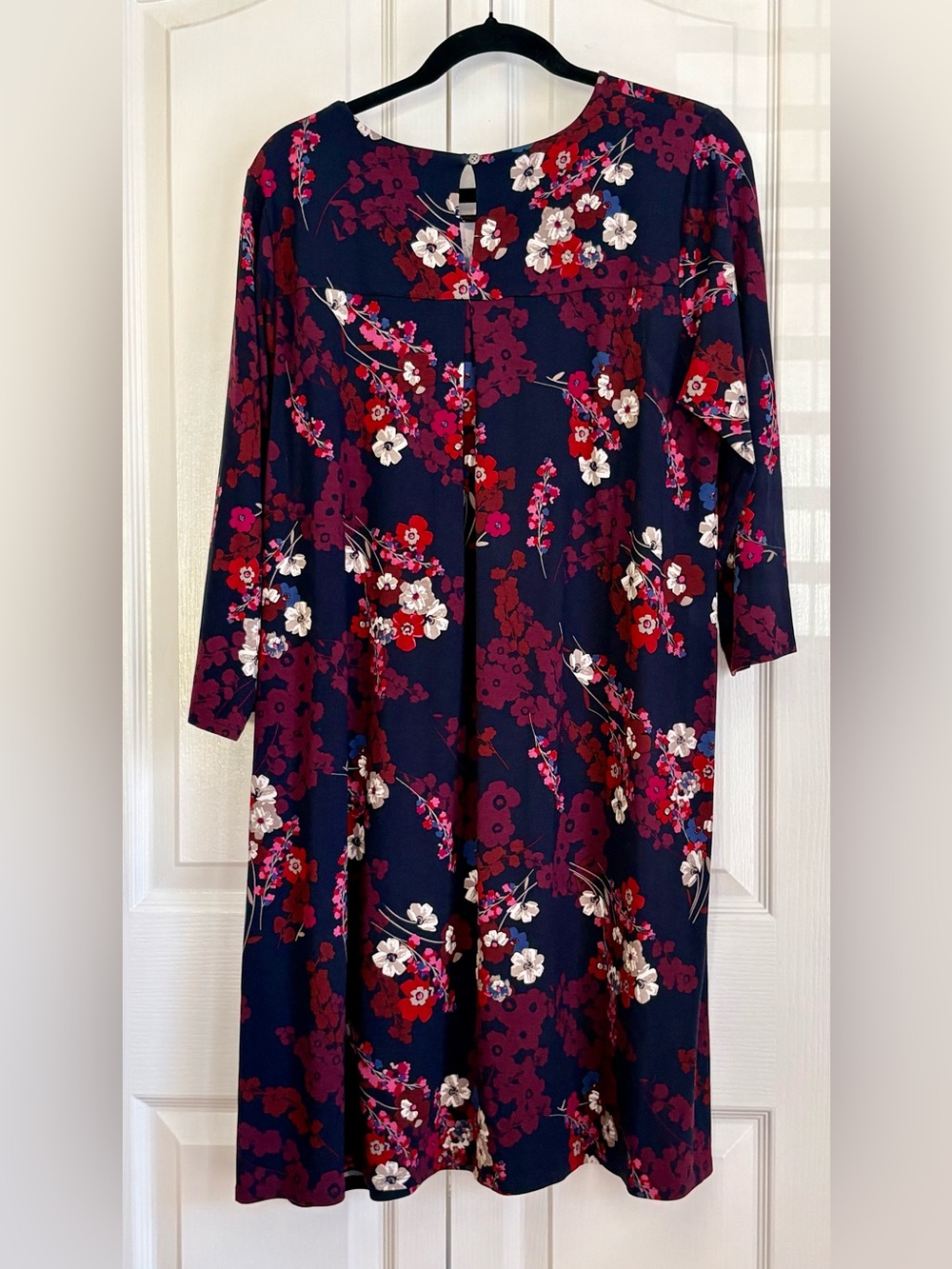 J . Jill Navy A-Line Dress with Burgundy & White Floral Print, size large
